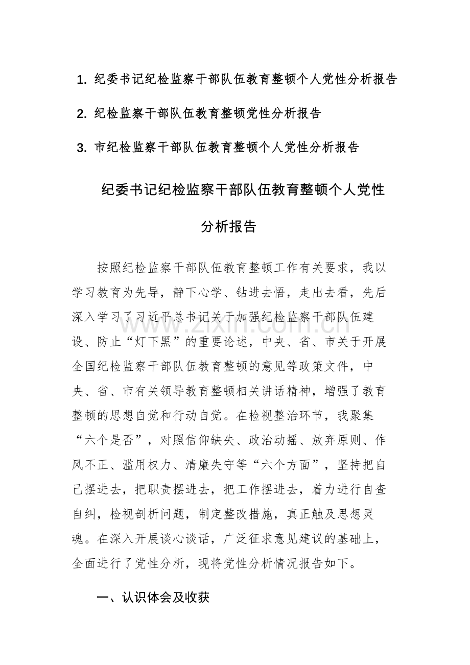 纪检监察队伍教育整顿个人党性分析报告参考范文3篇.docx_第1页