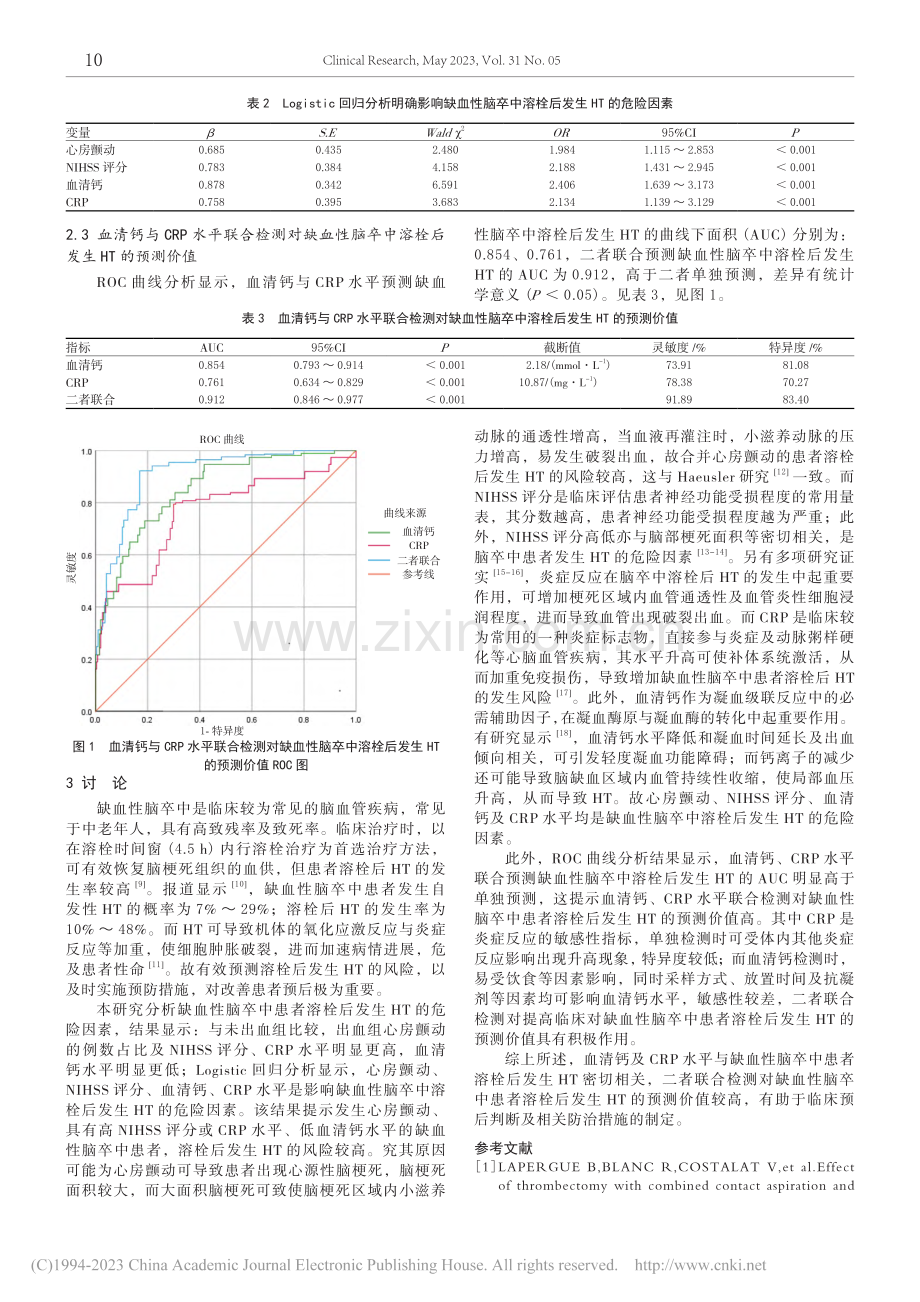 入院时血清CRP与钙水平联...中溶栓后出血转化的预测价值_刘璐璐.pdf_第3页