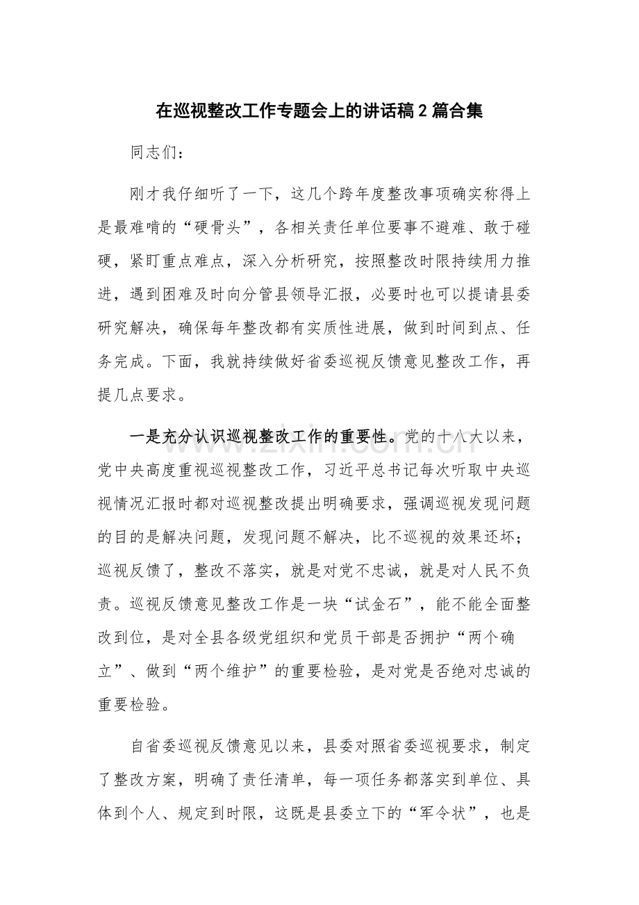 在巡视整改工作专题会上的讲话稿2篇合集.docx_第1页