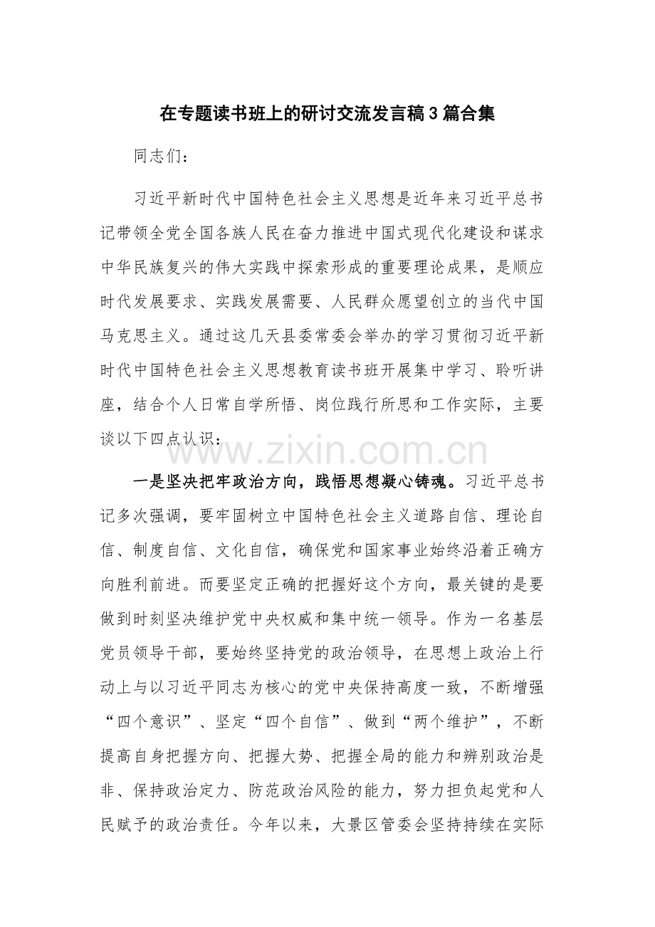 在专题读书班上的研讨交流发言稿3篇合集.docx_第1页