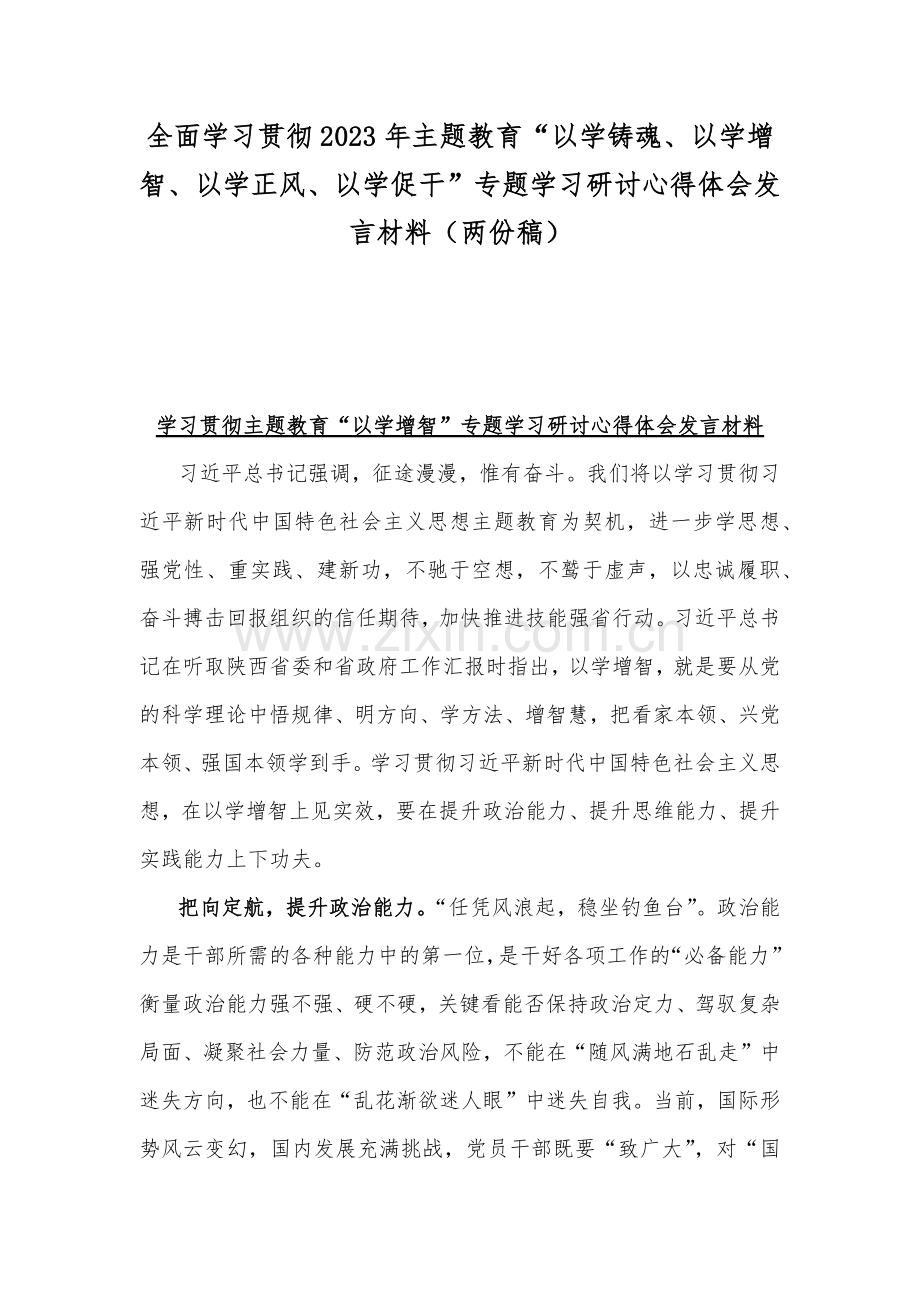 全面学习贯彻2023年主题教育“以学铸魂、以学增智、以学正风、以学促干”专题学习研讨心得体会发言材料（两份稿）.docx_第1页