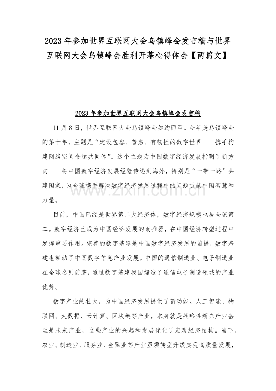 2023年参加世界互联网大会乌镇峰会发言稿与世界互联网大会乌镇峰会胜利开幕心得体会【两篇文】.docx_第1页