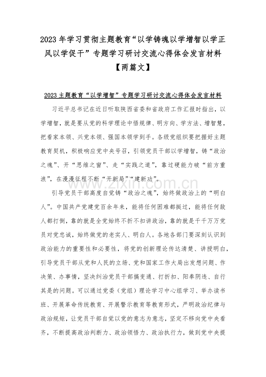 2023年学习贯彻主题教育“以学铸魂以学增智以学正风以学促干”专题学习研讨交流心得体会发言材料【两篇文】.docx_第1页