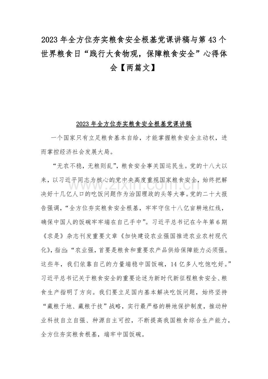 2023年全方位夯实粮食安全根基党课讲稿与第43个世界粮食日“践行大食物观保障粮食安全”心得体会【两篇文】.docx_第1页