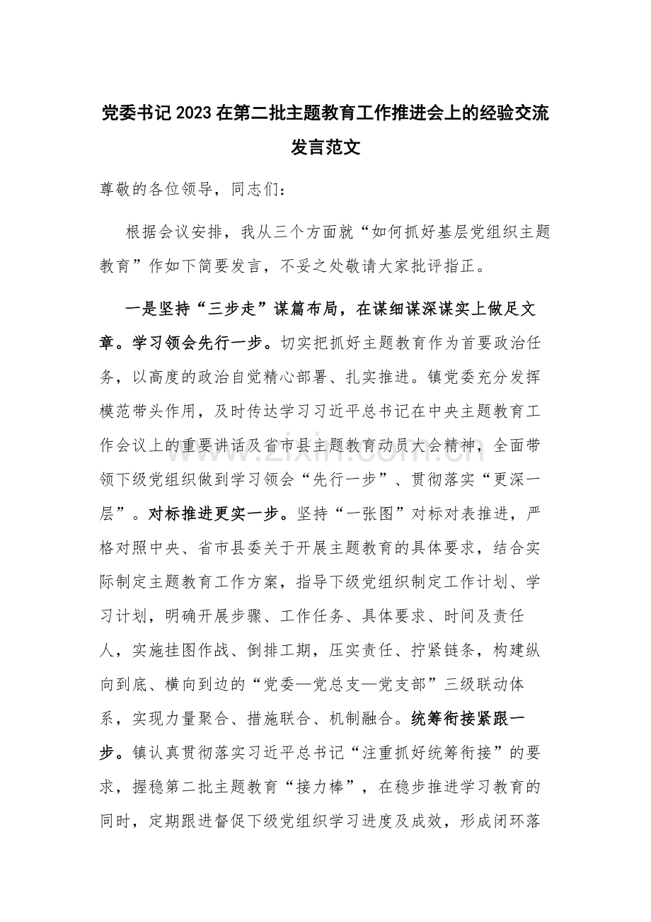 党委书记2023在第二批主题教育工作推进会上的经验交流发言范文.docx_第1页