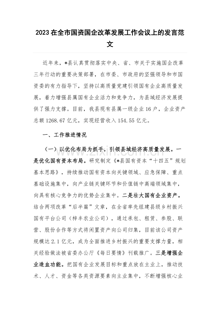 2023在全市国资国企改革发展工作会议上的发言范文.docx_第1页