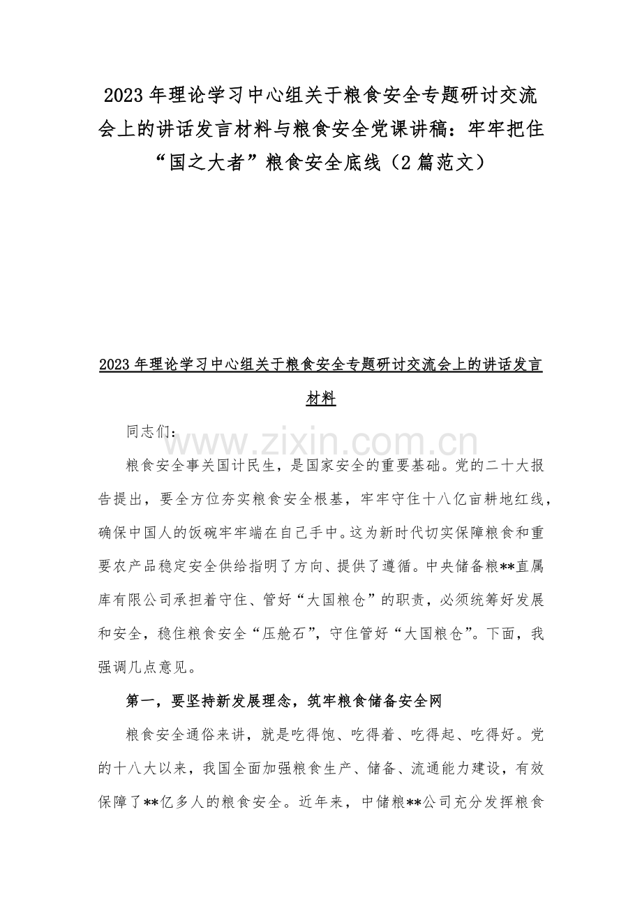 2023年理论学习中心组关于粮食安全专题研讨交流会上的讲话发言材料与粮食安全党课讲稿：牢牢把住“国之大者”粮食安全底线（2篇范文）.docx_第1页