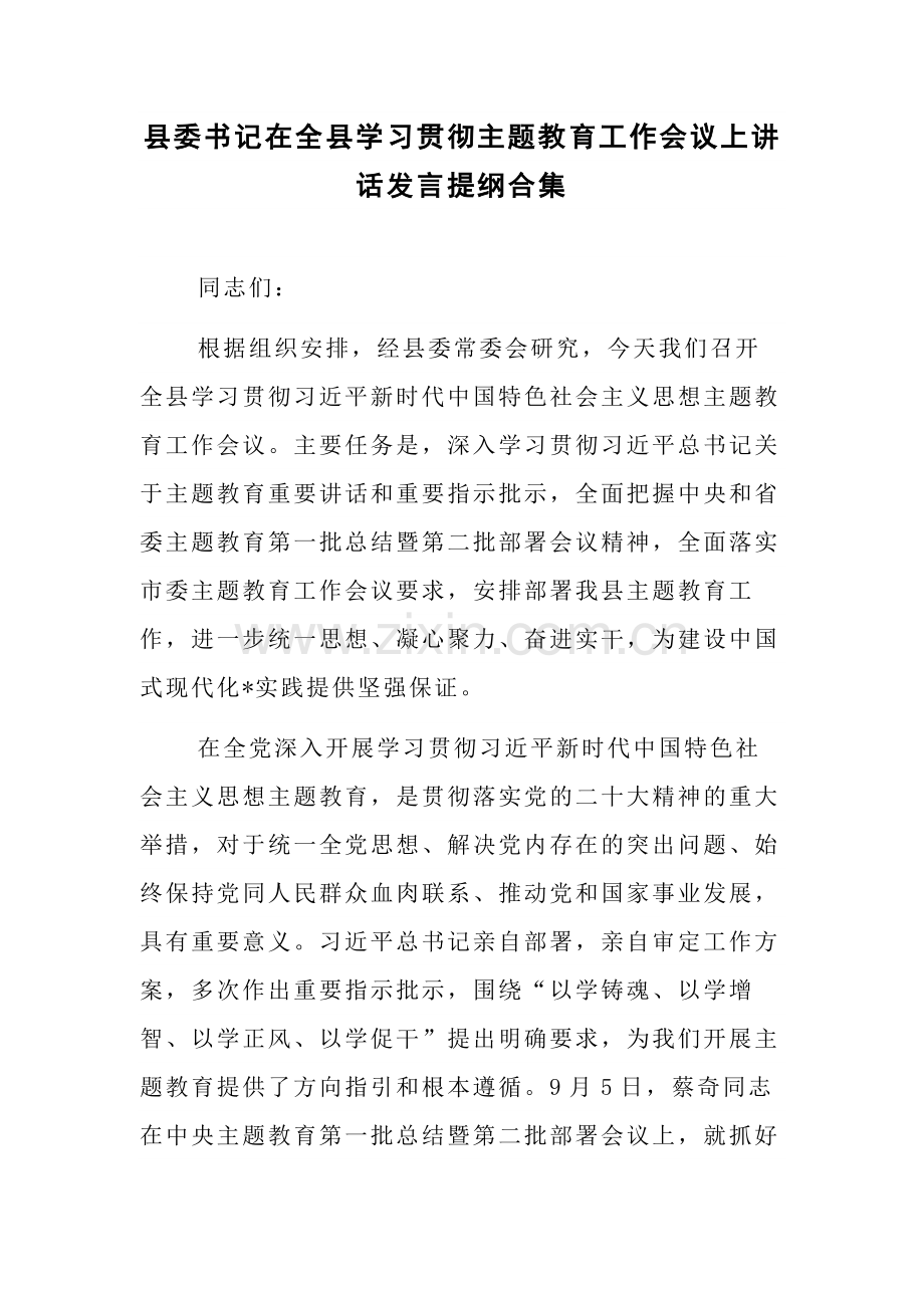 县委书记在全县学习贯彻主题教育工作会议上讲话发言提纲合集.docx_第1页