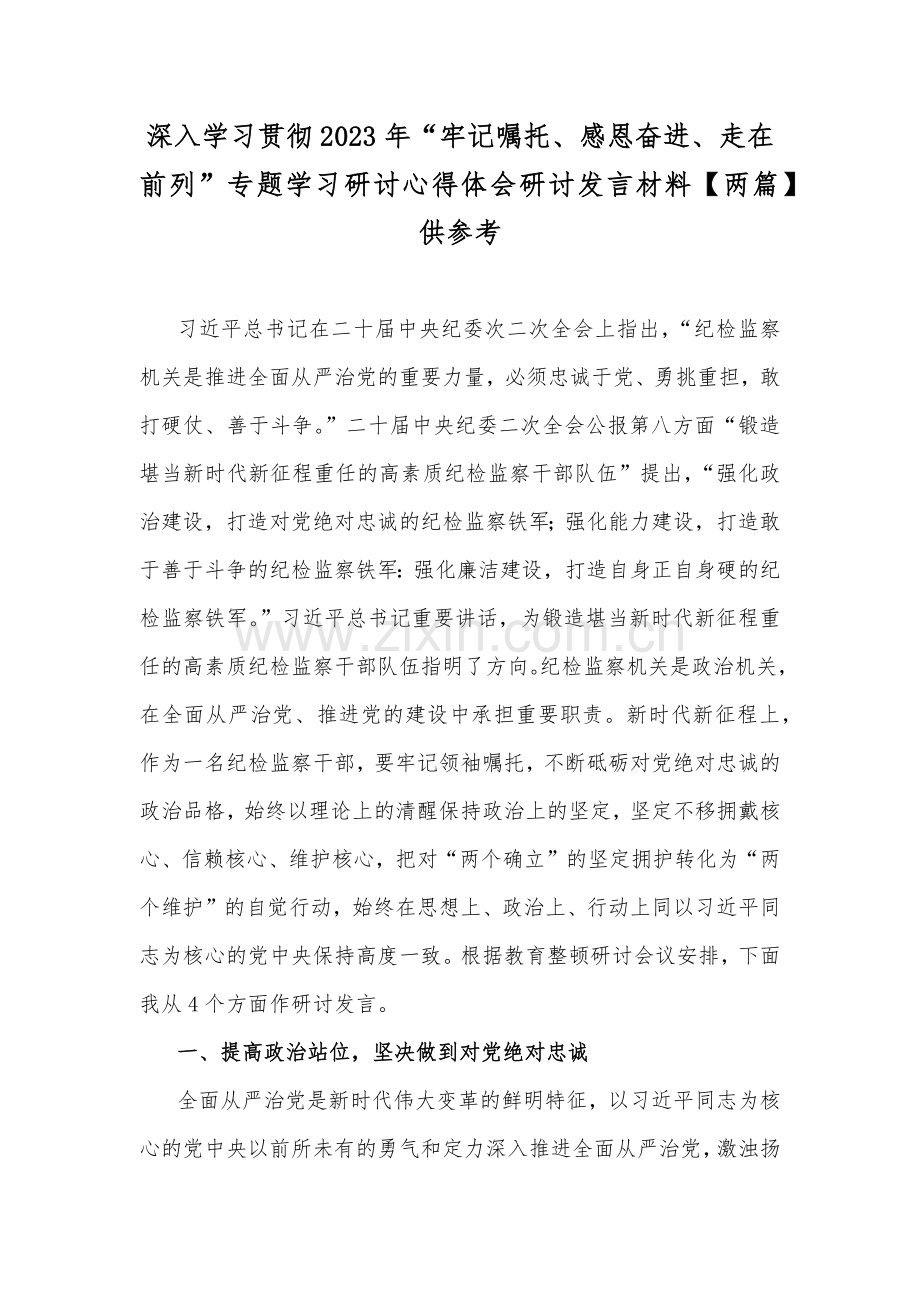 深入学习贯彻2023年“牢记嘱托、感恩奋进、走在前列”专题学习研讨心得体会研讨发言材料【两篇】供参考.docx_第1页