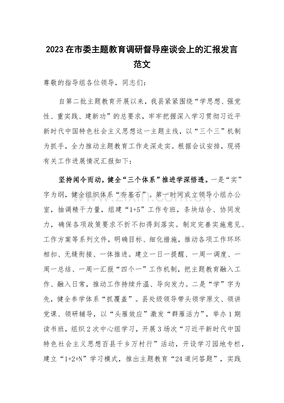 2023在市委主题教育调研督导座谈会上的汇报发言范文.docx_第1页