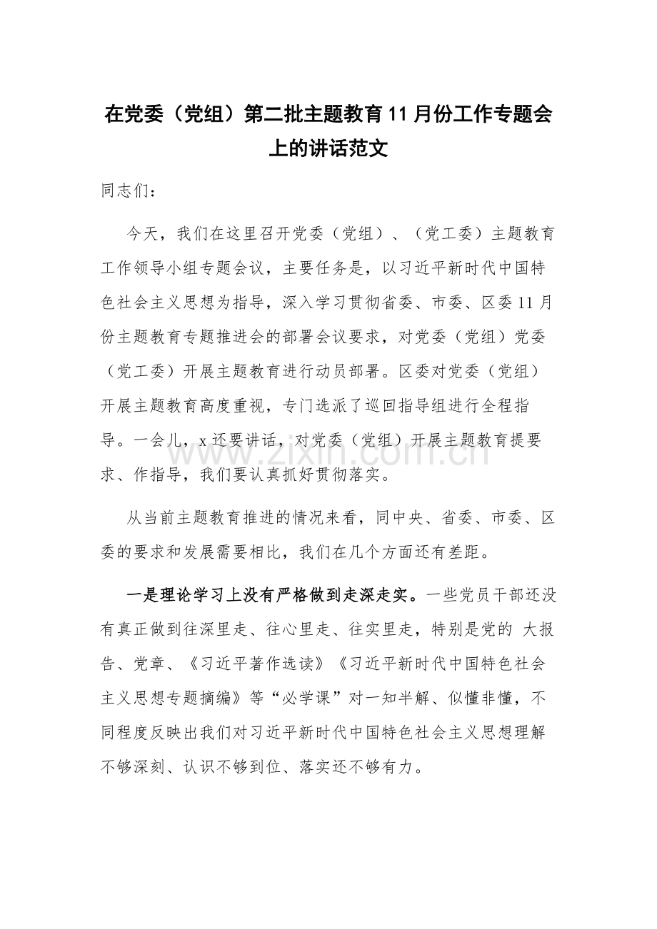 在党委（党组）第二批主题教育11月份工作专题会上的讲话范文.docx_第1页