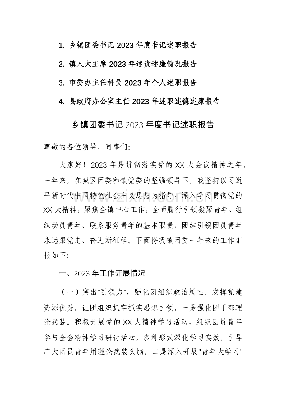 乡镇团委书记、镇人大主席、市委办主任科员、县政府办公室主任2023年度书记述职报告四篇汇编.docx_第1页