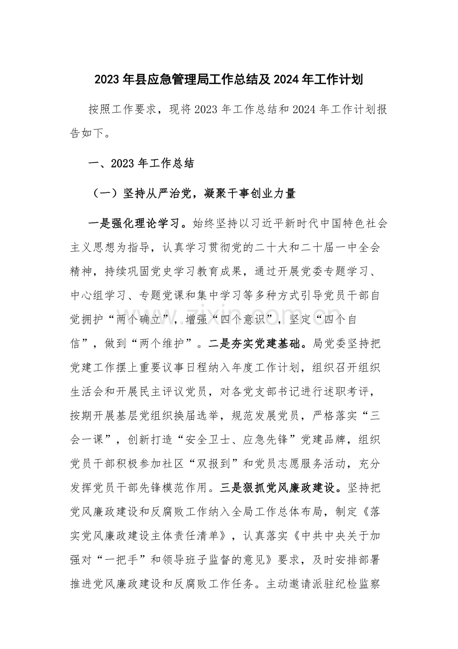 2023年县应急管理局工作总结及2024年工作计划.docx_第1页