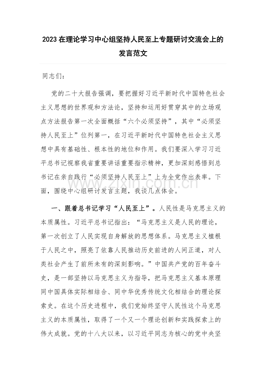 2023在理论学习中心组坚持人民至上专题研讨交流会上的发言范文.docx_第1页