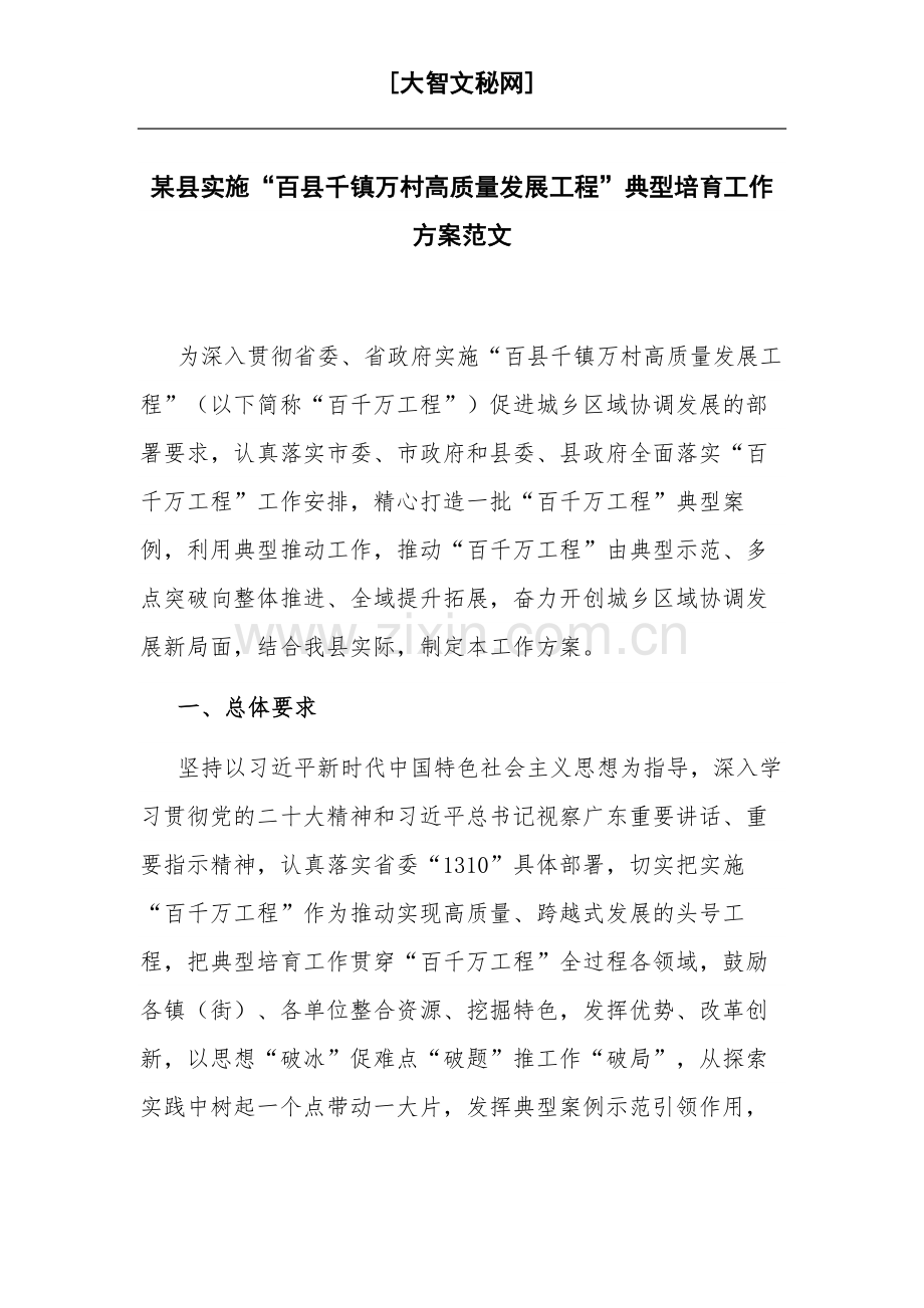 某县实施“百县千镇万村高质量发展工程”典型培育工作方案范文.docx_第1页