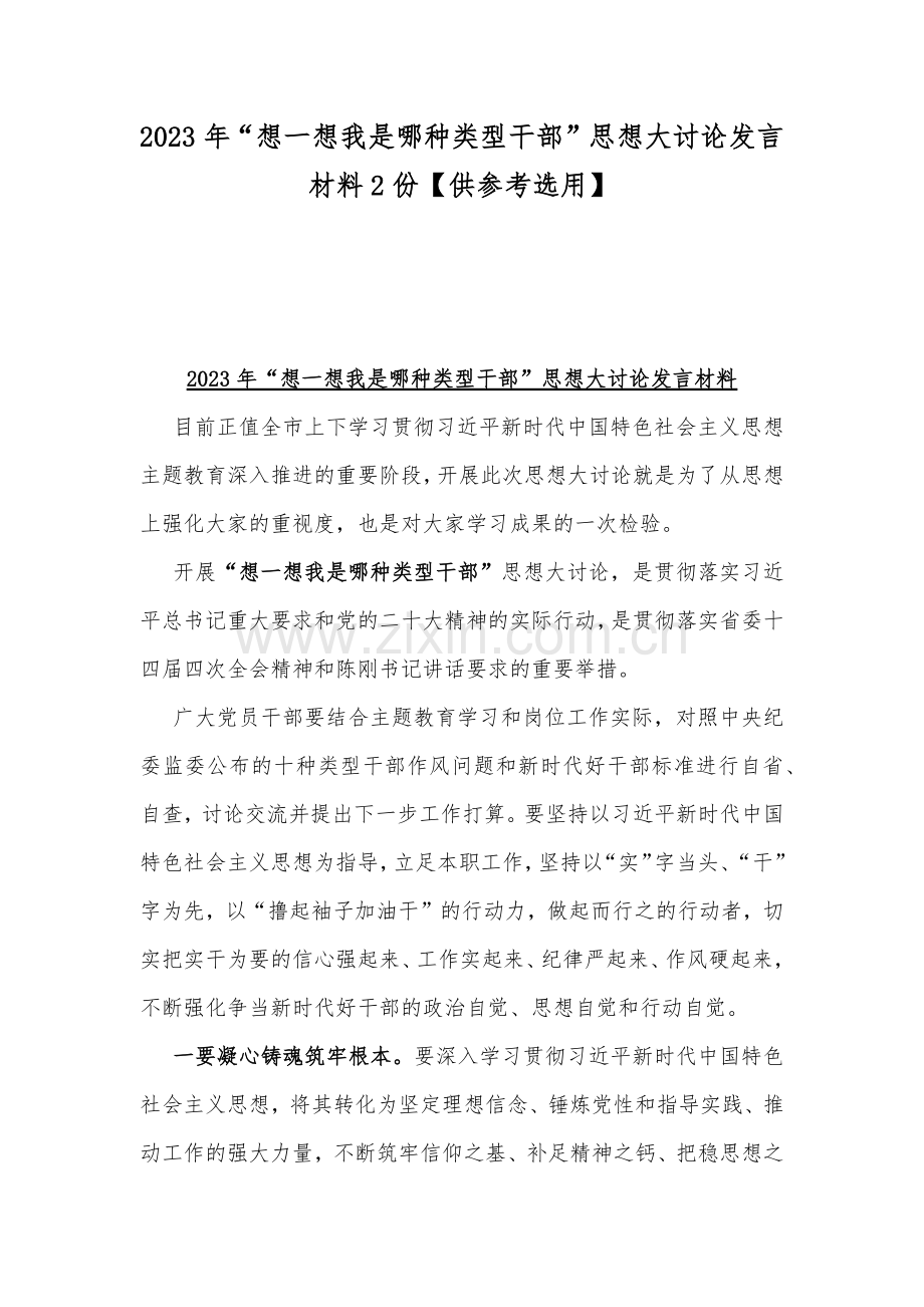 2023年“想一想我是哪种类型干部”思想大讨论发言材料2份【供参考选用】.docx_第1页