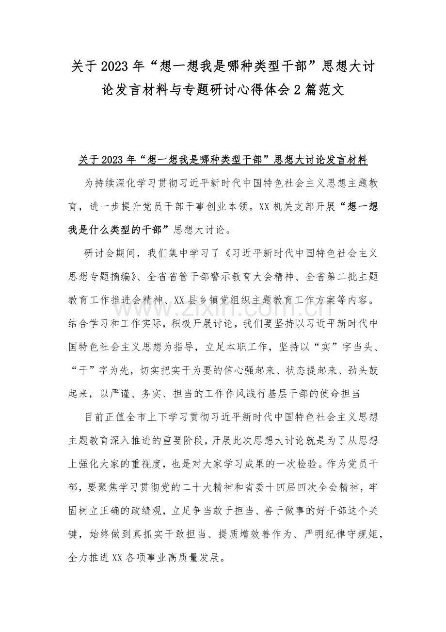 关于2023年“想一想我是哪种类型干部”思想大讨论发言材料与专题研讨心得体会2篇范文.docx_第1页