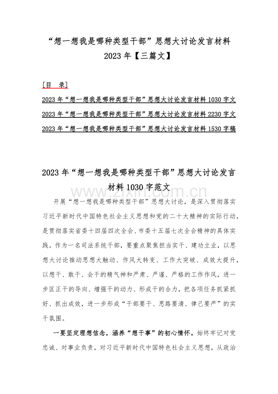 “想一想我是哪种类型干部”思想大讨论发言材料2023年【三篇文】.docx_第1页