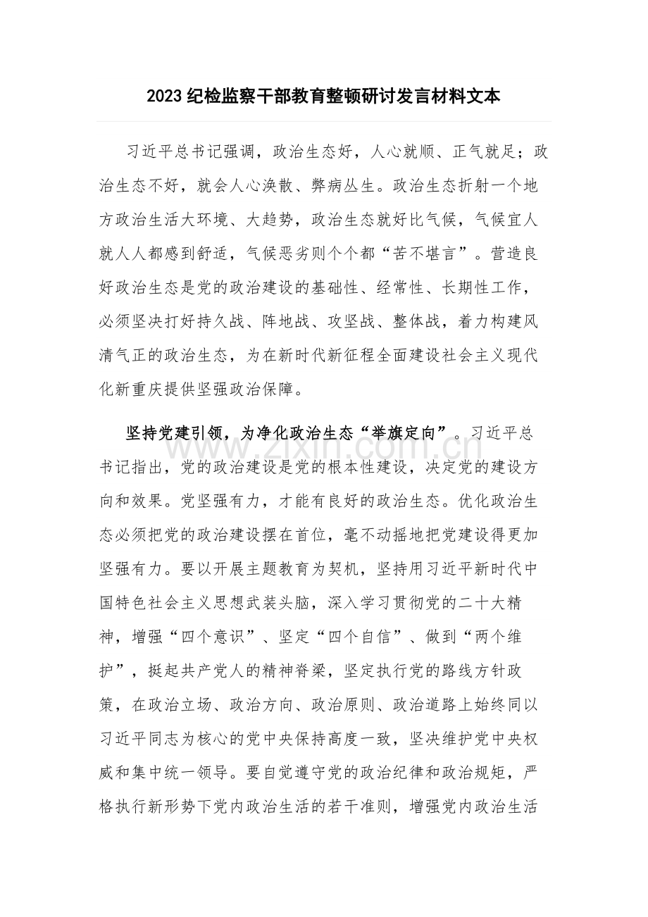 2023纪检监察干部教育整顿研讨发言材料文本.docx_第1页