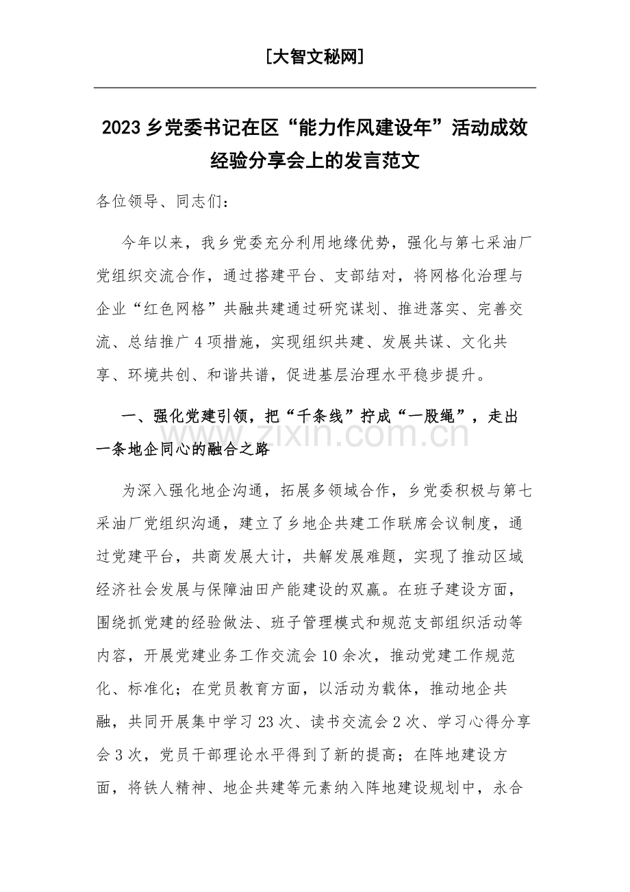 2023乡党委书记在区“能力作风建设年”活动成效经验分享会上的发言范文.docx_第1页