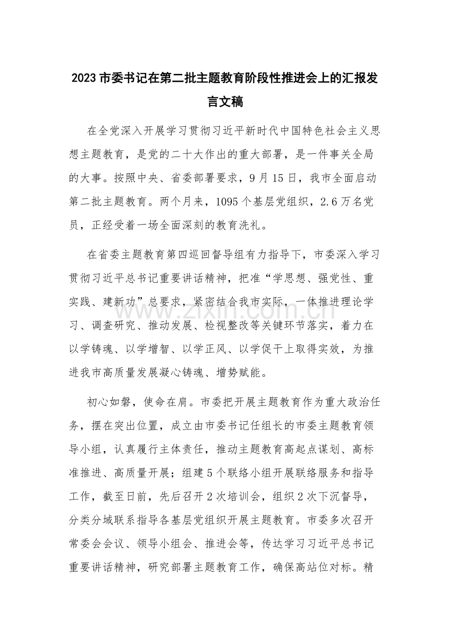 2023市委书记在第二批主题教育阶段性推进会上的汇报发言文稿.docx_第1页