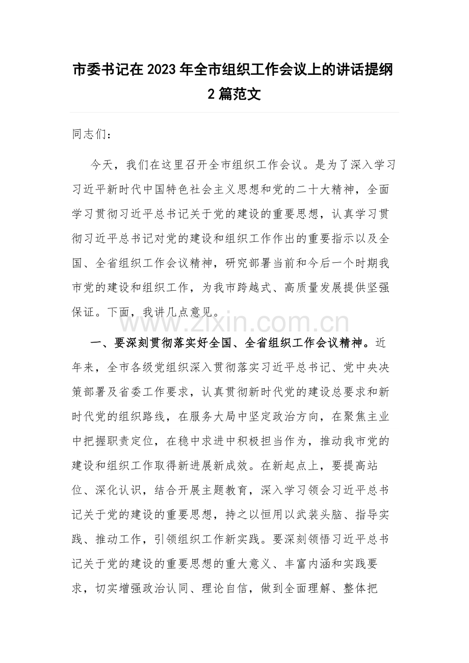 市委书记在2023年全市组织工作会议上的讲话提纲2篇范文.docx_第1页