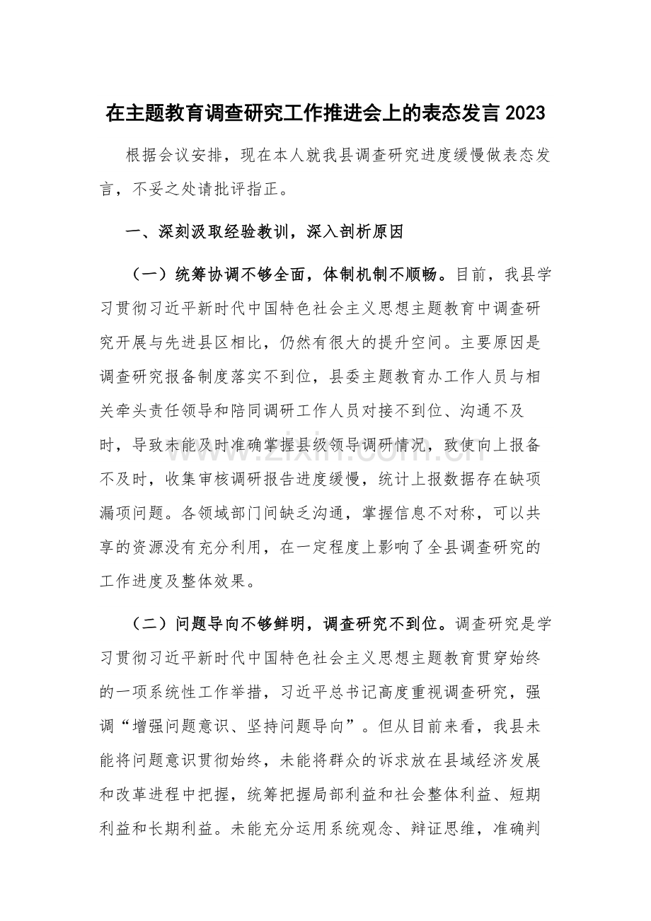 在主题教育调查研究工作推进会上的表态发言2023.docx_第1页