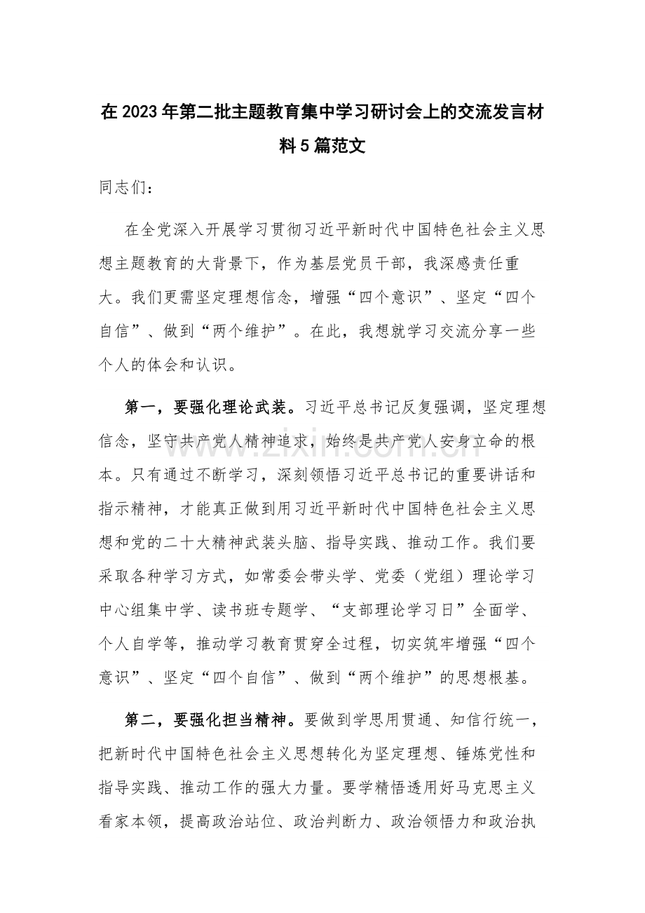 在2023年第二批主题教育集中学习研讨会上的交流发言材料5篇范文.docx_第1页