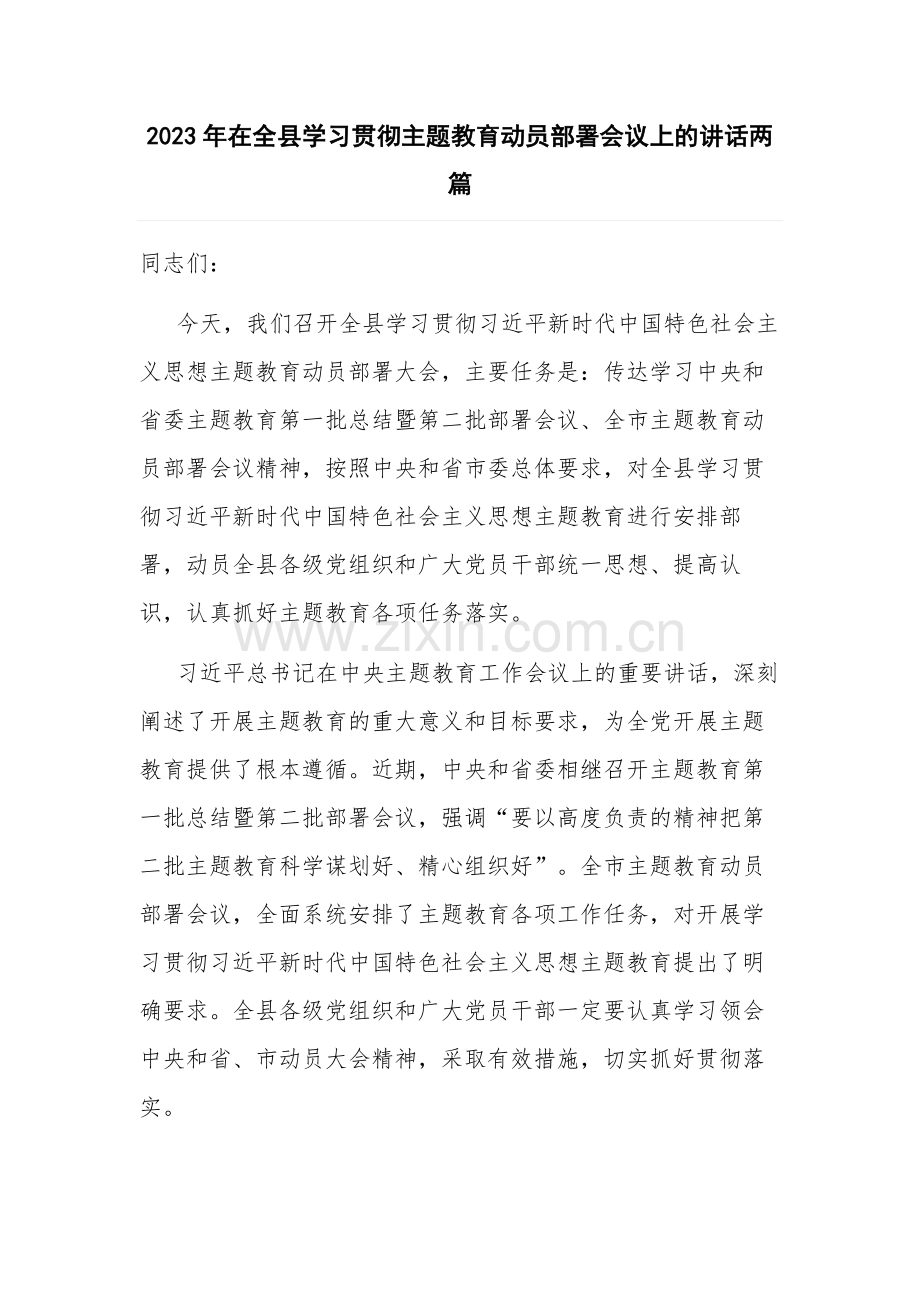 2023年在全县学习贯彻主题教育动员部署会议上的讲话两篇.docx_第1页