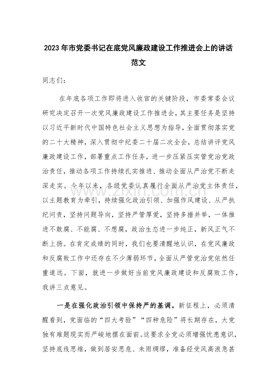 2023年市党委书记在底党风廉政建设工作推进会上的讲话范文.docx_第1页