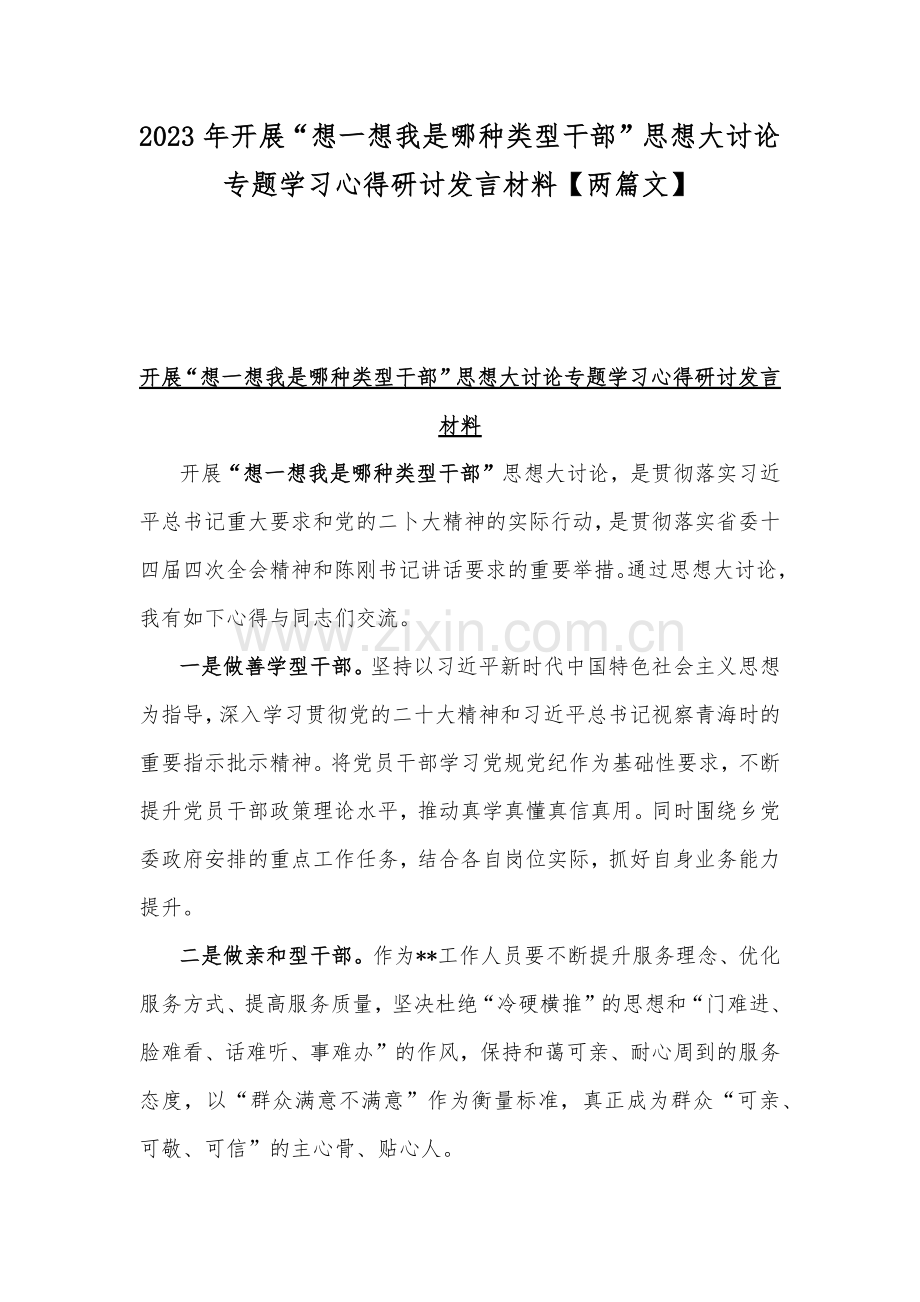 2023年开展“想一想我是哪种类型干部”思想大讨论专题学习心得研讨发言材料【两篇文】.docx_第1页