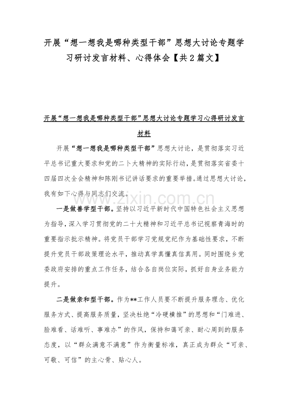 开展“想一想我是哪种类型干部”思想大讨论专题学习研讨发言材料、心得体会【共2篇文】.docx_第1页