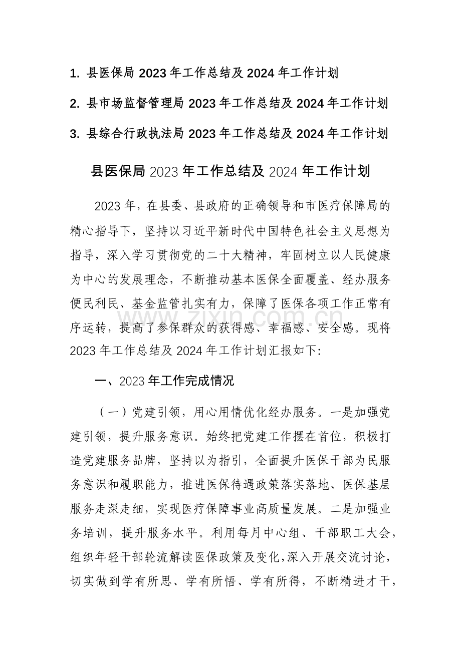 医保局、市场监督管理局、综合行政执法局2023年工作总结及2024年工作计划范文3篇.docx_第1页