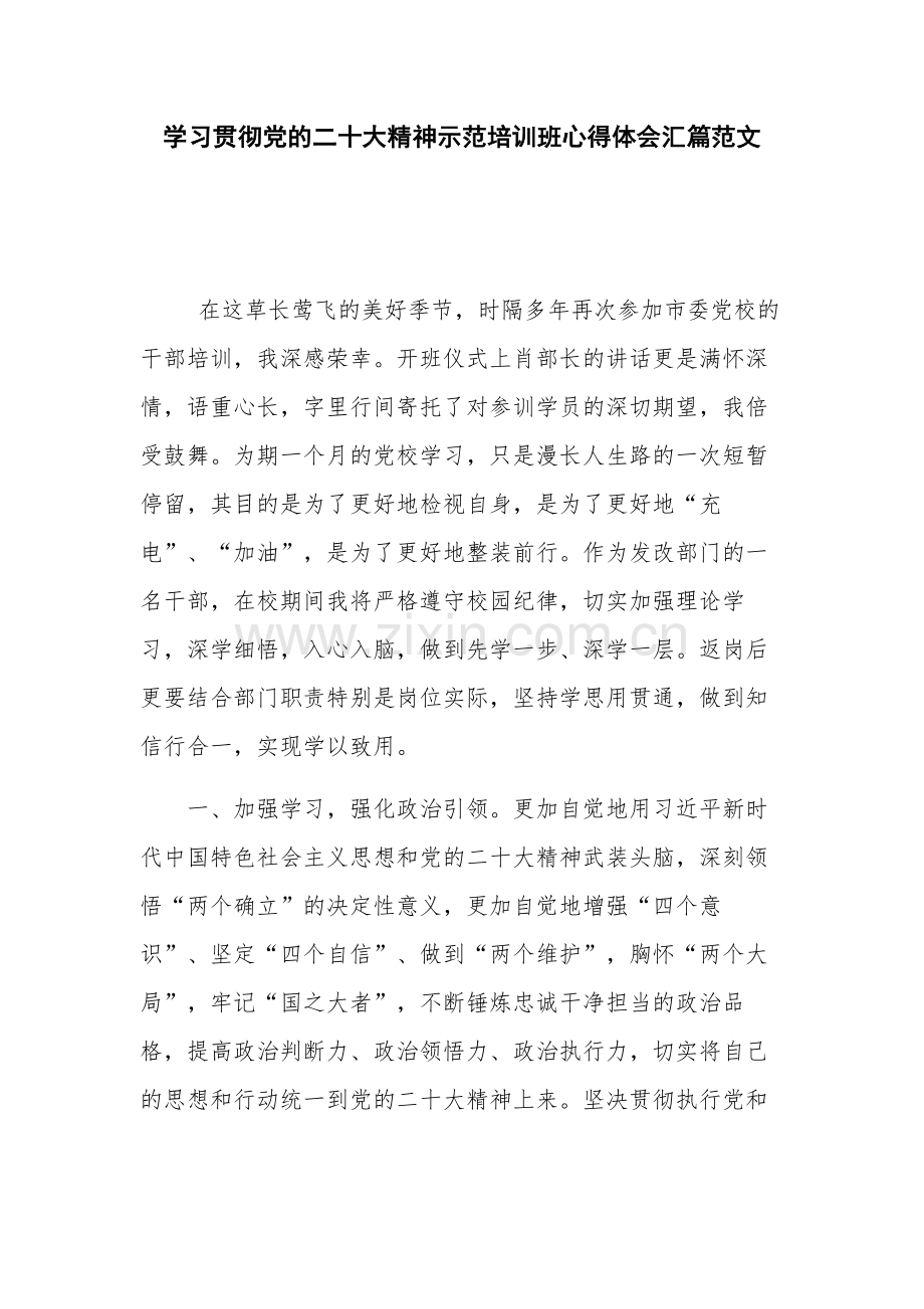 学习贯彻党的二十大精神示范培训班心得体会汇篇范文.docx_第1页