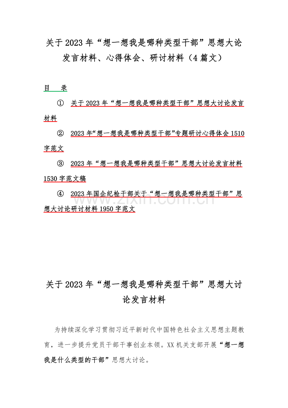 关于2023年“想一想我是哪种类型干部”思想大论发言材料、心得体会、研讨材料（4篇文）.docx_第1页