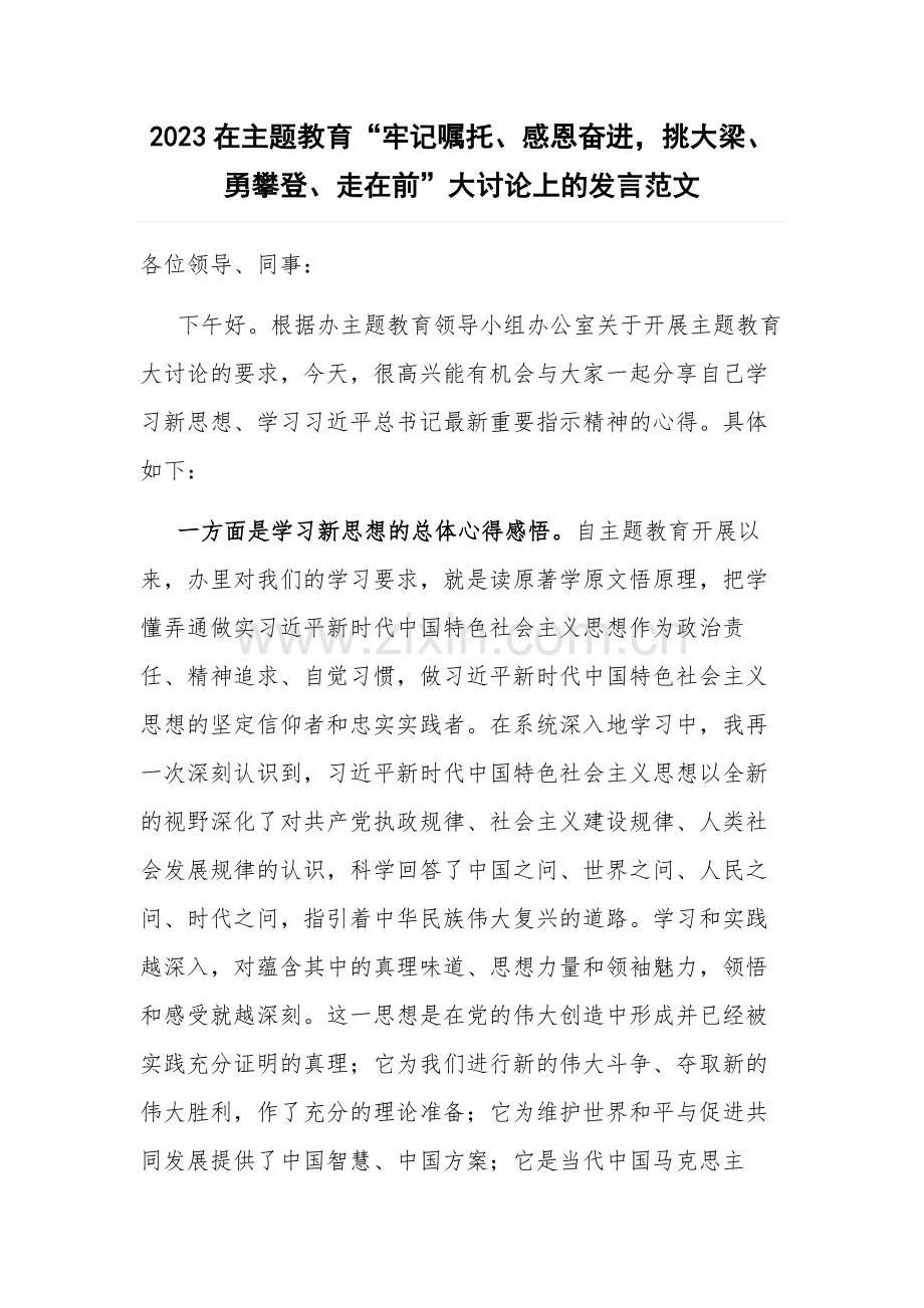 2023在主题教育“牢记嘱托、感恩奋进挑大梁、勇攀登、走在前”大讨论上的发言范文.docx_第1页