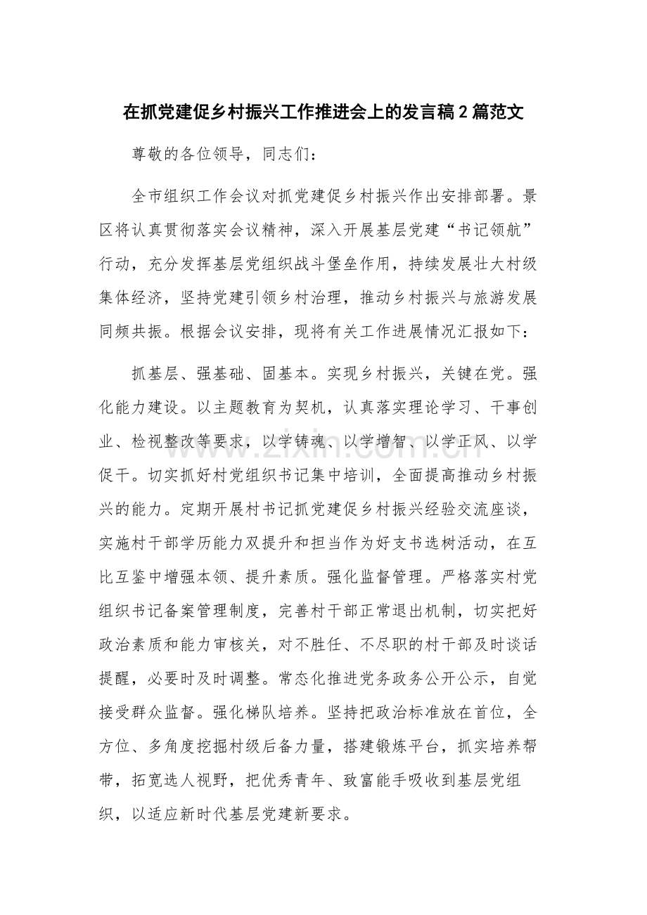 在抓党建促乡村振兴工作推进会上的发言稿2篇范文.docx_第1页