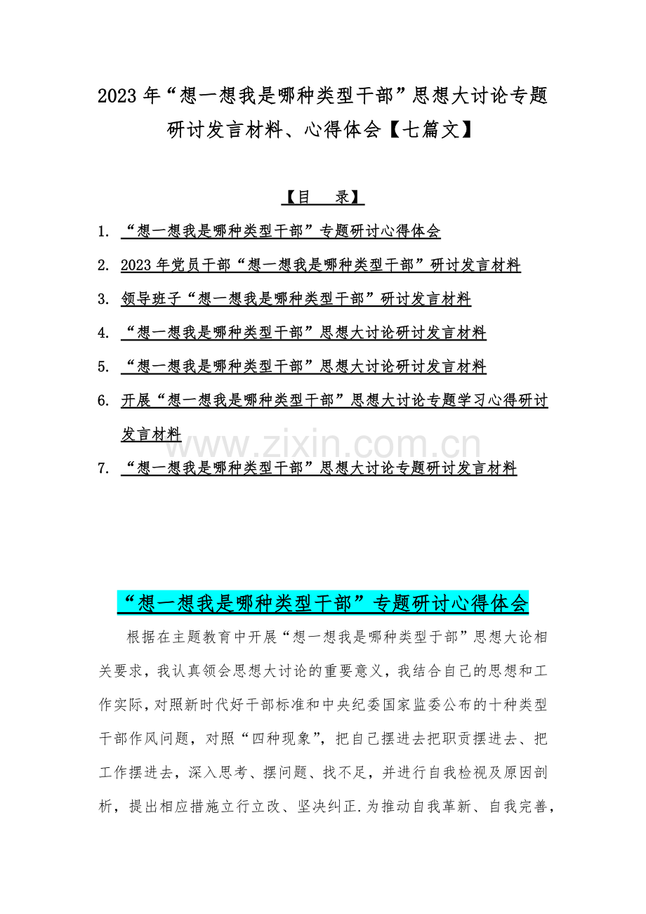 2023年“想一想我是哪种类型干部”思想大讨论专题研讨发言材料、心得体会【七篇文】.docx_第1页