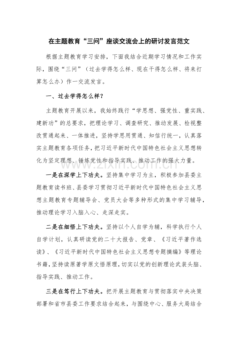 在主题教育“三问”座谈交流会上的研讨发言范文.docx_第1页