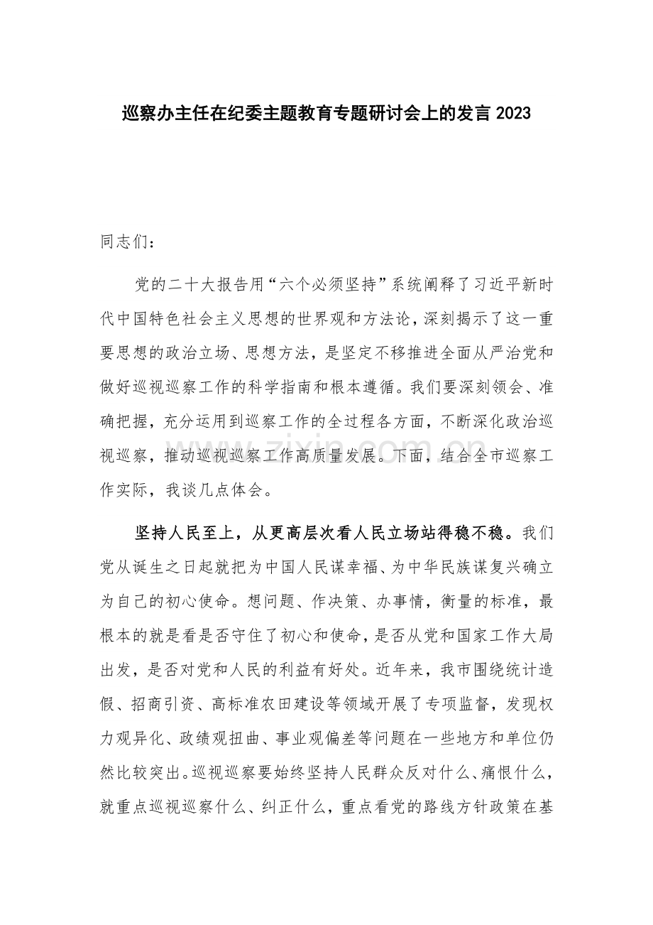 巡察办主任在纪委主题教育专题研讨会上的发言2023.docx_第1页