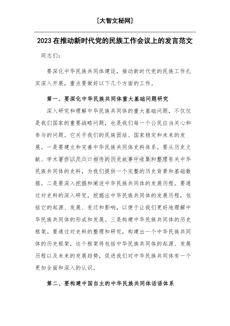 2023在推动新时代党的民族工作会议上的发言范文.docx_第1页