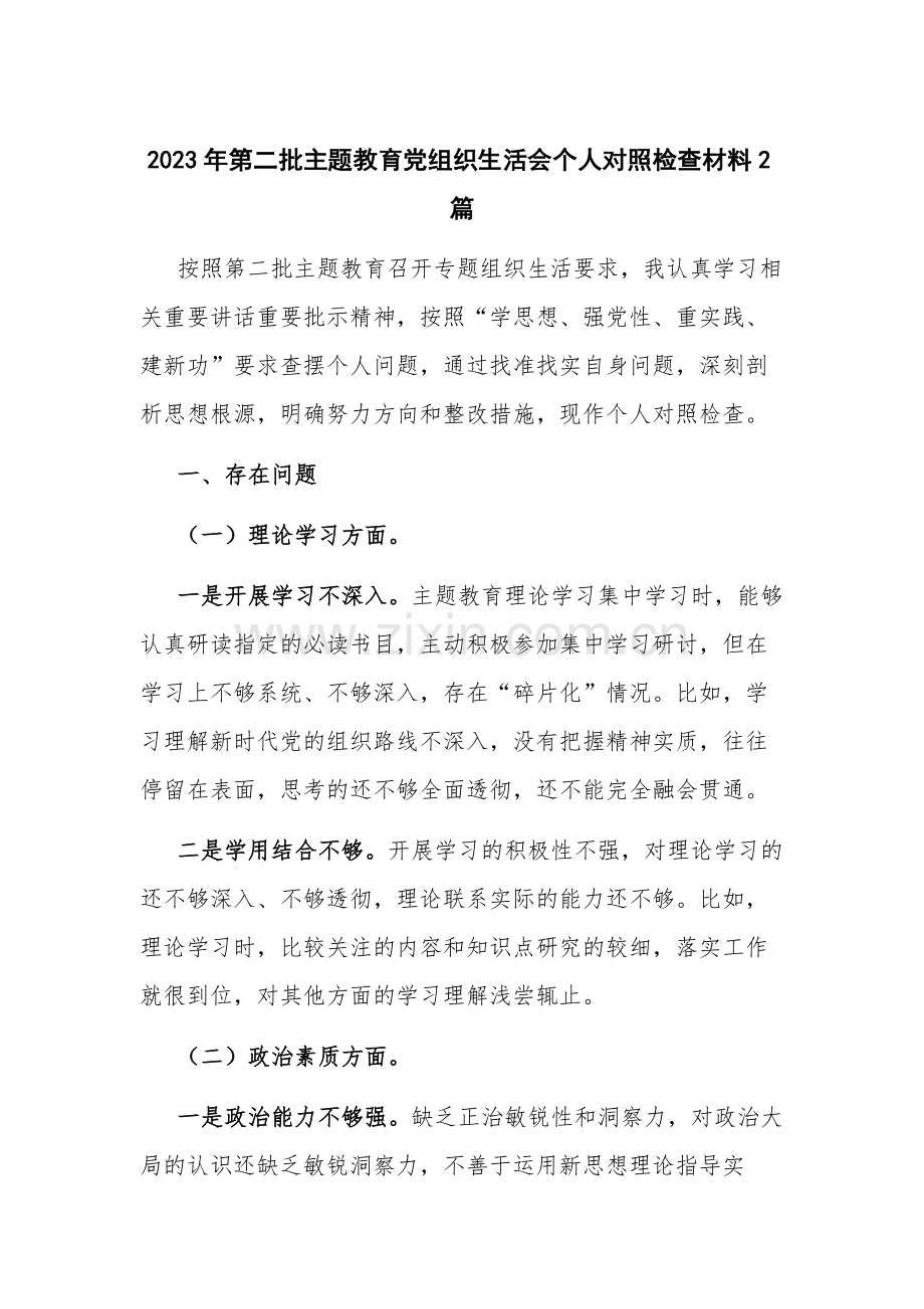 2023年第二批主题教育党组织生活会个人对照检查材料2篇.docx_第1页