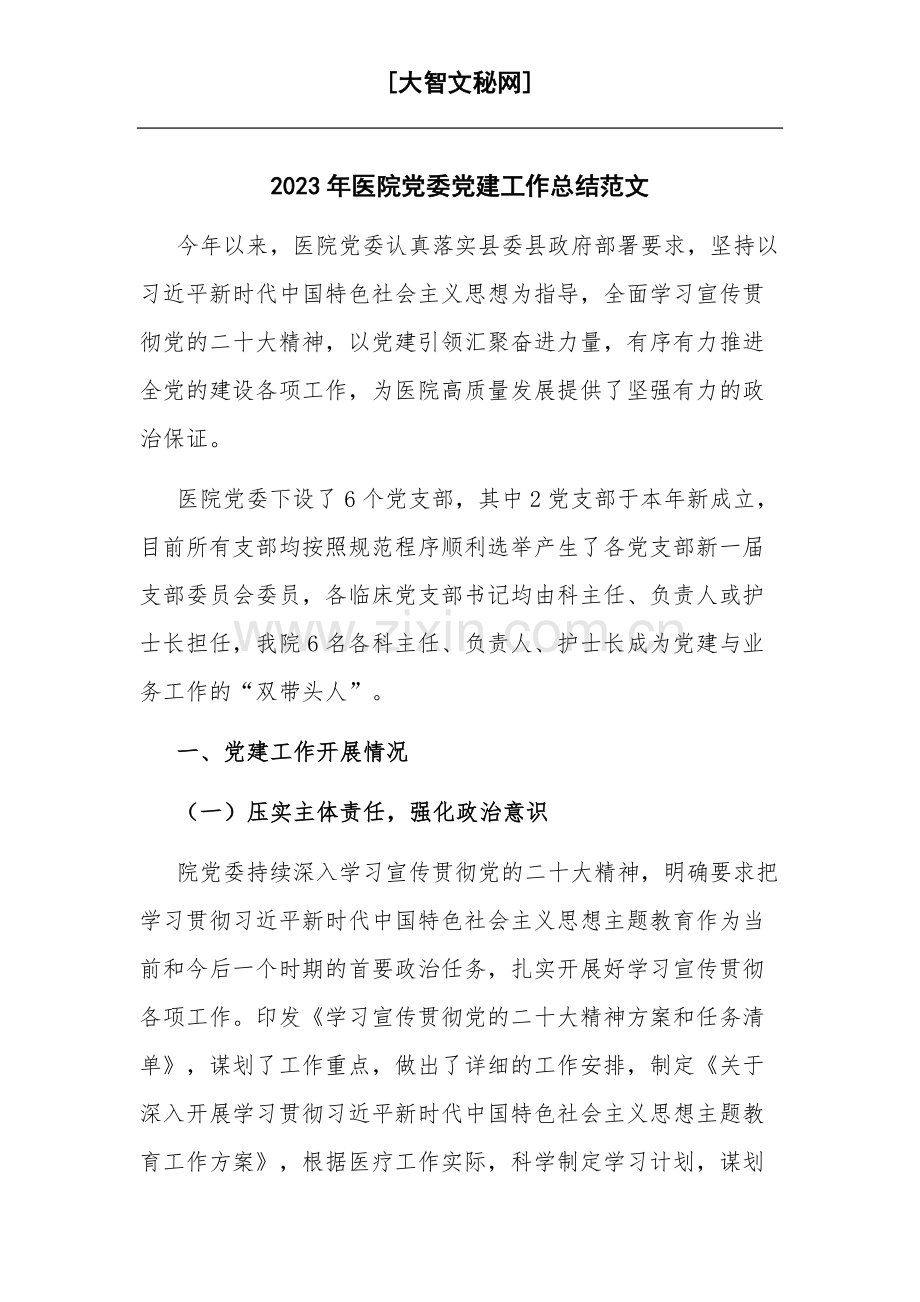 2023年医院党委党建工作总结范文.docx_第1页