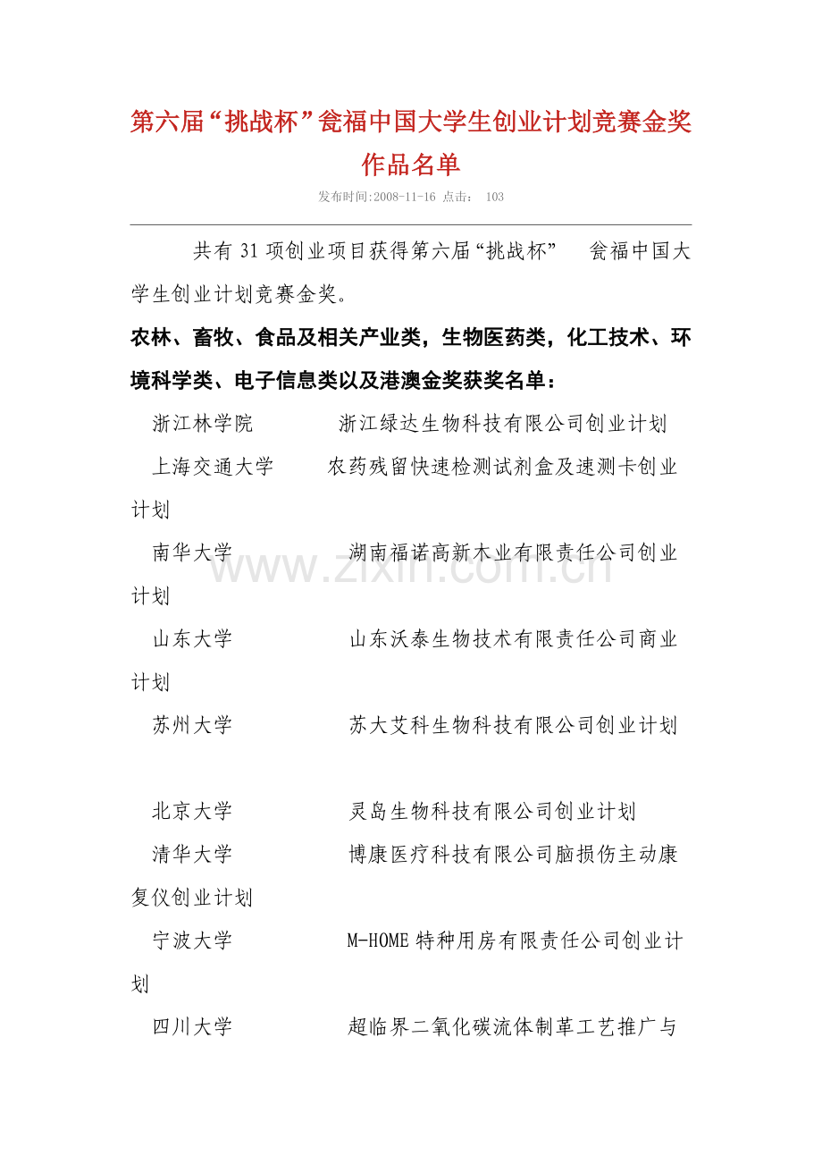 第六届挑战杯瓮福中国大学生创业计划竞赛金奖作品名单.doc_第1页