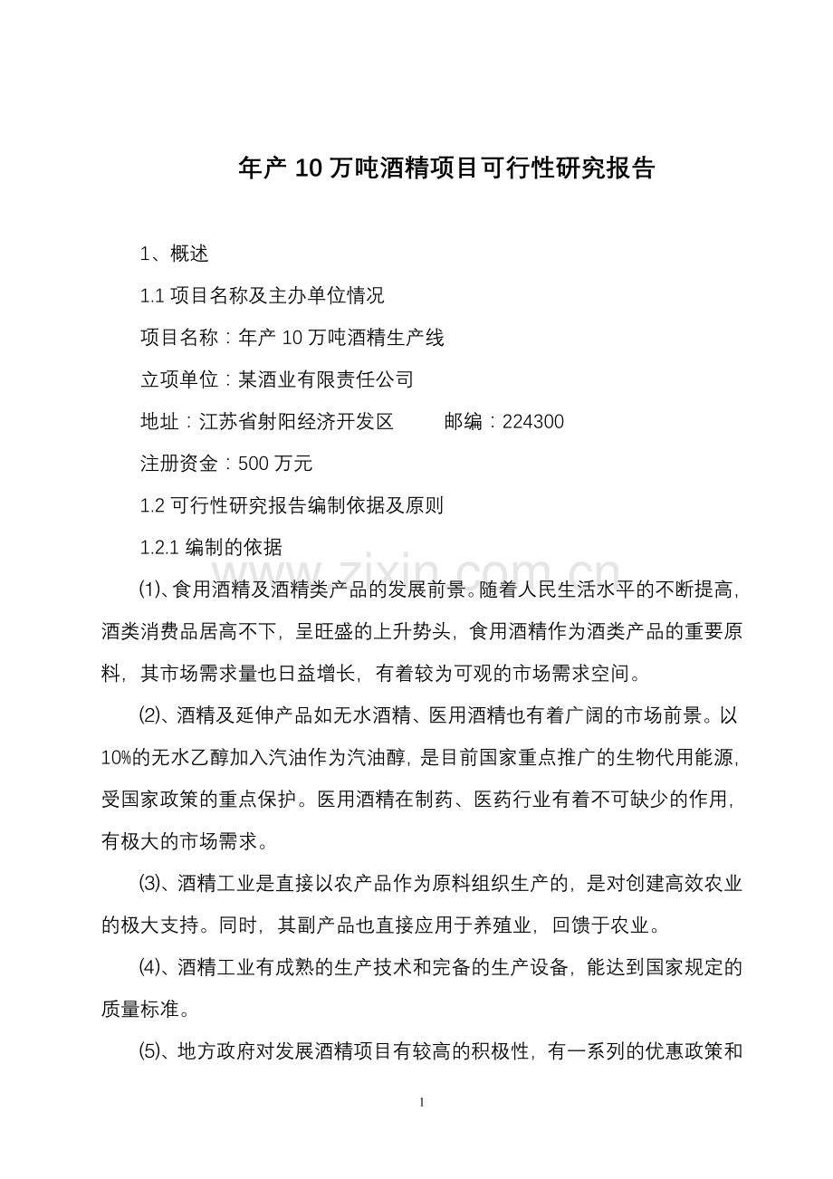 年产10万吨酒精项目可行性研究报告.doc_第1页