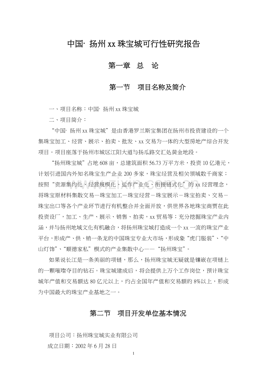 扬州xx珠宝城可行性研究报告.doc_第1页