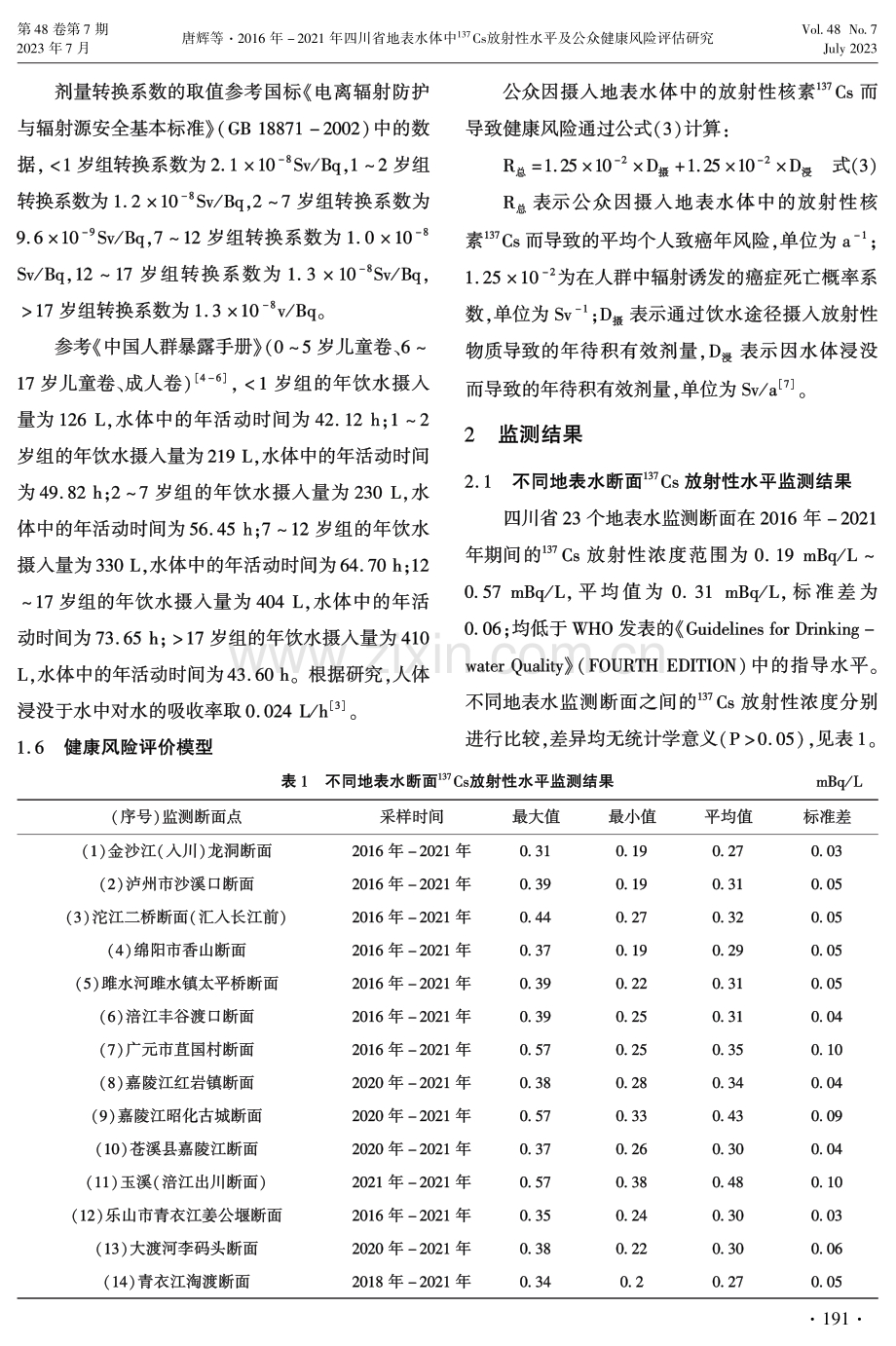 2016年-2021年四川省地表水体中137Cs放射性水平及公众健康风险评估研究.pdf_第3页