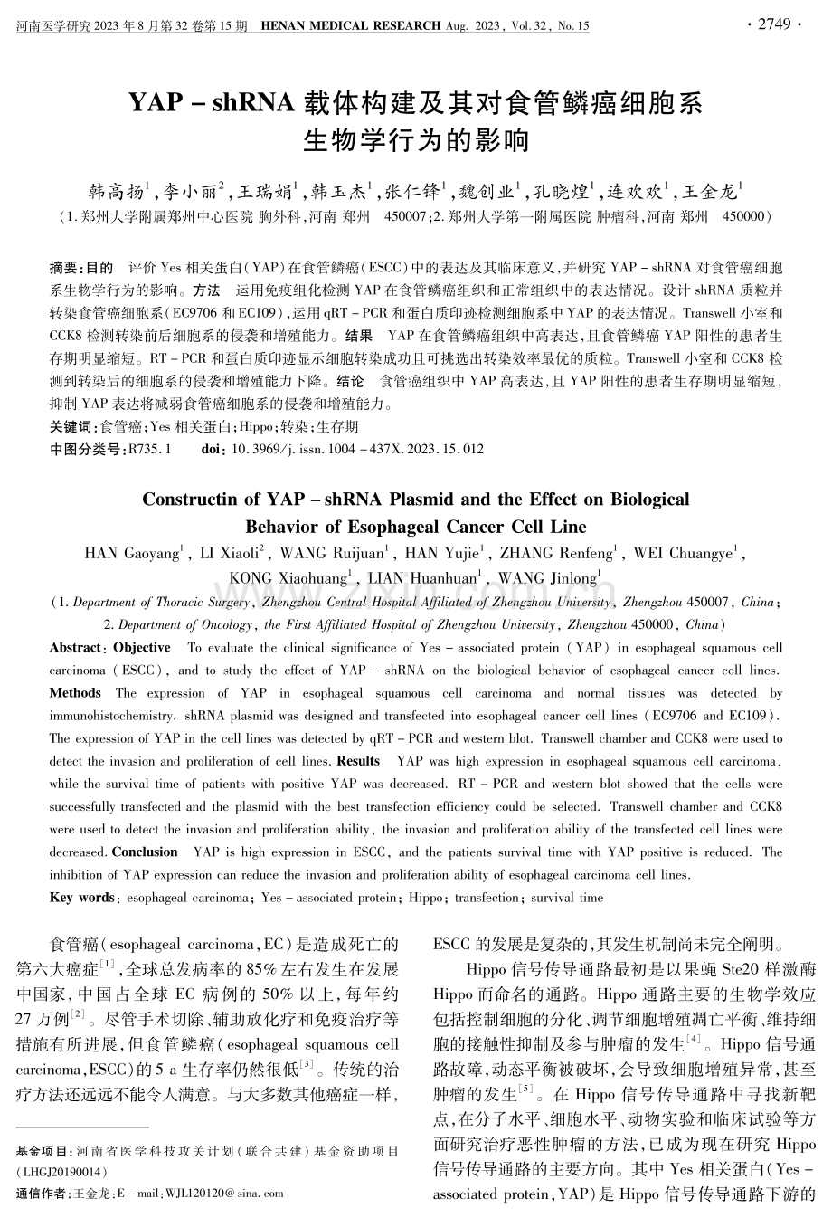 YAP-shRNA载体构建及其对食管鳞癌细胞系生物学行为的影响.pdf_第1页