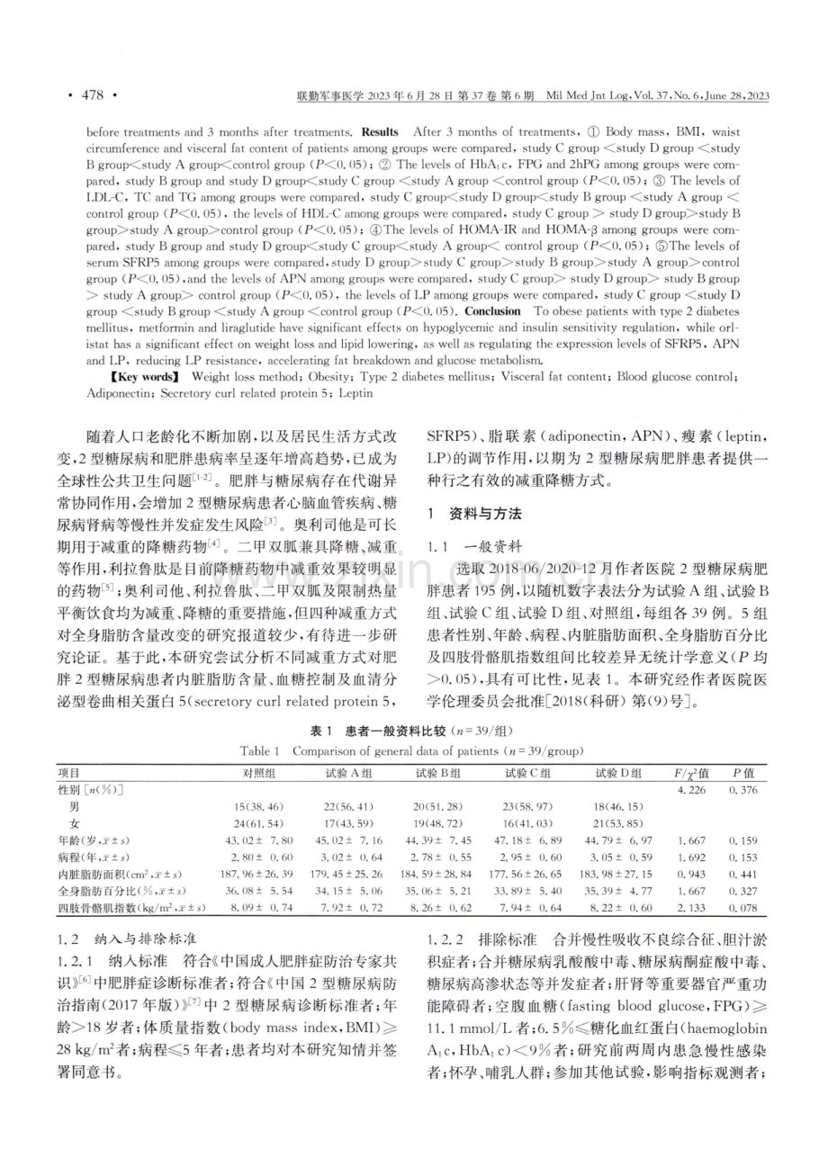 不同减重方式对2型糖尿病肥胖患者体脂分布、血糖波动及SFRP5、APN、LP的调节作用.pdf_第2页