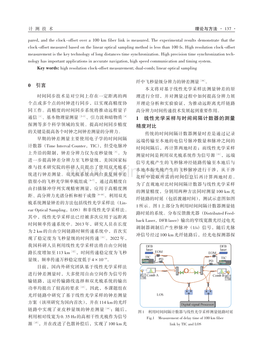 100 km光纤链路中小于100 fs分辨力的双光梳钟差测量实验研究.pdf_第2页